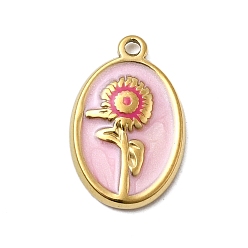 Настоящее золото 18K 304 прелести нержавеющей стали, овал с цветочными подвесками, с эмалью и стразами, ионное покрытие (ip), реальный 18 k позолоченный, 17.5x11.5x2 мм, отверстие : 1.2 мм