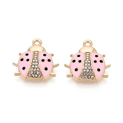Бледно-Розовый Гальваническое покрытие, сплавы, стразы и эмалевые подвески, божья коровка прелести, без кадмия, без никеля и без свинца, золотые, розовый жемчуг, 18x18x4.5 мм, отверстие : 1.5 мм