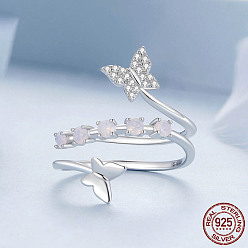 Платина 925 Кольца-манжеты из стерлингового серебра с кубическим цирконием, эмалью и опалом, бабочка, платина, внутренний диаметр: 15~20 мм