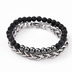 Lava Rock Unisex Stretch Bracelet and Chain Bracelet Jewelry Sets, Stackable Bracelets, with Natural Lava Rock & Non-Magnetic Synthetic Hematite Beads, 304 Stainless Steel Wheat Chains and Burlap Bag, Round, Stretch Bracelet: 2-1/4 inch(5.85cm), Chain Bracelet: 7-1/4 inch(18.5cm), 2pcs/set