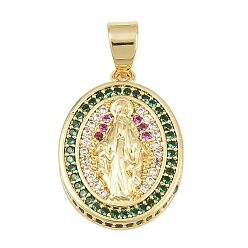 Verde Micro latón allanan colgantes cúbicos del zirconia, óvalo con dijes de virgen maría, sin plomo y cadmio, chapado en rack, larga duración plateado, real 18 k chapado en oro, verde, 21.5x16x4 mm, agujero: 4x6 mm