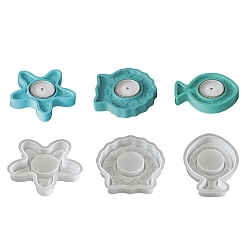Blanc 3 pièces 3 styles moules en silicone pour bougeoirs sur le thème des animaux marins, forme de coquillage, étoile de mer et poisson, blanc, 11.5~12.1x9.3~12.3x2.3 cm