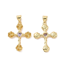Лиловый Крест с цветком, латунь, микропаве, кубический цирконий, подвески, без кадмия, без никеля и без свинца, реальный 18 k позолоченный, сирень, 25.5x18.5x3 мм, отверстие : 3.5x5 мм