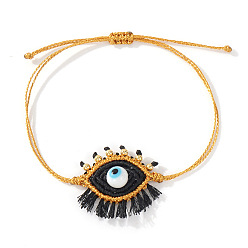 Черный Богемные браслеты ручной работы с подвесками в виде «злого глаза» и кисточками., регулируемые браслеты с нейлоновой нитью для женщин, чёрные, 11.02 дюйм (28 см)