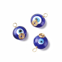 Blue Handmade Lampwork Pendants, with Copper Wire Wrapped, Flat Round with Evil Eye, Blue, 20.5x16x8.5mm, Hole: 3.2mm