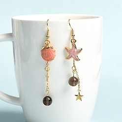 Smoky Quartz Natural Smoky Quartz Dangle Earrings, Alloy Enamel Starfish & Shell Asymmetrical Earrings for Women, 75x8mm