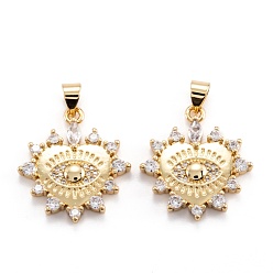 Настоящее золото 18K Кулон из латуни с прозрачным кубическим цирконием, долговечный, Сердце с глаз, реальный 18 k позолоченный, 22.5x20x2.5 мм, отверстие : 3.2x4.7 мм