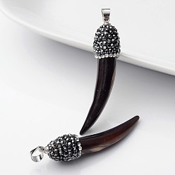 Кокосово-Коричневый Подвески из раковины, форма клыка, с выводами латуни платиновый оттенок и полимерной глины горный хрусталь, кокосового коричневый, 39~43x9~10 мм, отверстие : 4x4 мм