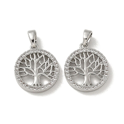 Платина Подвески из латуни с микропаве из циркония, плоская круглая с подвесками дерево жизни, без кадмия, без никеля и без свинца, платина, 16.5x14.5x2.5 мм, отверстие : 3.5x2.5 мм