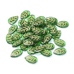 Средний Морско-зеленый Прозрачные стеклянные подвески, лист, цвет золотой инкрустации, средний морской зеленый, 18x11x3 мм, отверстие : 1.2 мм