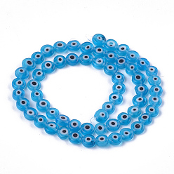 Deep Sky Blue Handmade Evil Eye Lampwork Beads Strands, Flat Round, Deep Sky Blue, 6x2.5mm, Hole: 1mm, about 64~65pcs/strand, 14.1 inch~14.5 inch