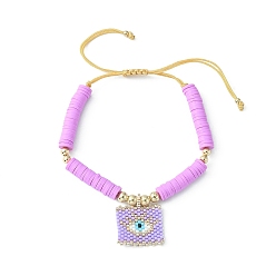 Eye Прямоугольный браслет-подвеска Miyuki со стеклянным семенем, регулируемый браслет Heishi Surfer из полимерной глины в стиле преппи, глаз, внутренний диаметр: 2-1/8~4 дюйм (5.5~10 см), Кулон : 24.5x20.5 мм