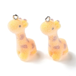 Gold Flocking Resin Pendants, Giraffe Charm, with Platinum Iron Loop, Gold, 31.5x22x10mm, Hole: 2mm
