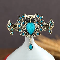 Индиколит Заколки для волос со стразами из сплава, аксессуары для волос для женщин и девочек, сова, Indicolite, 55x68 мм