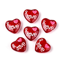 Белый Прозрачные стеклянные бусины, сердце со словом "love", с эмалью, белые, 19~20x20.5x8.5~9 мм, отверстие : 1~1.2 мм