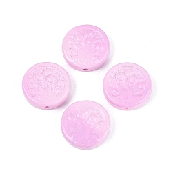 Pearl Pink Two Tone Color Baking Paint Opaque Glass Beads, Flat Round with Flower Pattern, Pearl Pink, 20x6~6.5mm, Hole: 1.4~1.6mm