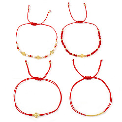 Rouge Ensembles de bracelets en fausses perles, laiton et perles de verre tressées, Bracelets empilables multi-rangs trèfle ajustables, or, rouge, 11.02 pouce (28 cm), 4 pièces / kit