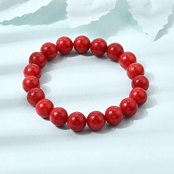Red 10MM Natural Dyed White Jade Round Beaded Stretch Bracelets for Women, Red, Inner Diameter: 2.17 inch(5.5cm)