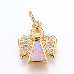 Бледно-Розовый Латуни циркония кубической подвески, с синтетическим опалом, ангел, золотые, розовый жемчуг, 14.5x12x2.5 мм, отверстие : 4 мм