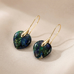 Prussian Blue Brass & Imperial Jasper Dangle Earrings, Heart, Golden, Prussian Blue, 34x15mm
