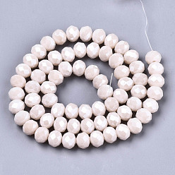Misty Rose Electroplate Glass Beads Strands, Pearl Luster Plated, Faceted, Rondelle, Misty Rose, 8x6mm, Hole: 1~1.4mm, about 67~72pcs/strand, 16.14~16.53 inch(41~42cm)