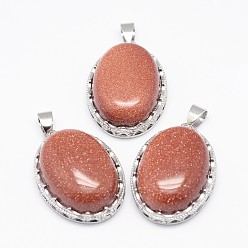 Камень с Пылевым Золотом Голдстоун подвески, с латунной фурнитурой , овальные, платина, 30x21x10~11 мм, отверстие : 6x4 мм