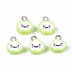 Green Yellow Handmade Polymer Clay Charms, with Platinum Plated Iron Loop, Cloud with Smile, Green Yellow, 11~14x9~11.5x4mm, Hole: 1.8mm