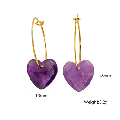 Аметист Серьги-кольца в форме сердца с натуральным аметистом ко Дню святого Валентина, С 304 результатами из нержавеющей стали, 36 мм