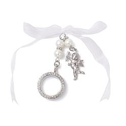 Плоский Круглый Свадебный букет из сплава, хрусталя и страз, фото медальона, подвески, украшения, со стеклянными жемчужными бусинами и лентой из органзы с бантом, плоско-круглые, 64 мм