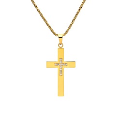 Золотой 304 Подвеска-крест из нержавеющей стали с микропаве из прозрачного кубического циркония для мужчин, золотые, 23.62 дюйм (60 см)