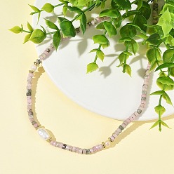 Doré  Colliers de perles rondelles facettées en rhodonite naturelle avec perles de riz en perles naturelles, or, 16.54 pouce (42 cm)