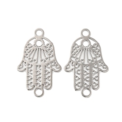 Platinum Rack Plating Brass Connector Charms, Etched Metal Embellishments, Long-Lasting Plated, Cadmium Free & Nickel Free & Lead Free, Religion Hamsa Hand Links, Platinum, 21x13x0.3mm, Hole: 1.8mm