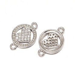 Real Platinum Plated Brass Micro Pave Grade AAA Cubic Zirconia Links, Flat Round with Heart, Cadmium Free & Nickel Free & Lead Free, Real Platinum Plated, 11x15x2mm, Hole: 1mm