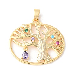 Настоящее золото 18K Латунные микропаве прозрачные подвески с фианитом, древо жизни прелести, стойки покрытие, прочное покрытие, без никеля , реальный 18 k позолоченный, 24.5x27x3 мм, отверстие : 3x4 мм