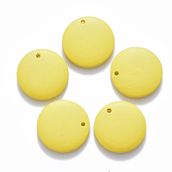 Yellow Painted Wood Pendants, Flat Round, Yellow, 20x4mm, Hole: 1.5mm