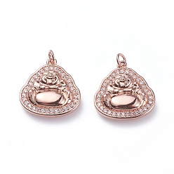 Rose Gold Brass Micro Pave Cubic Zirconia Pendants, with Soldered Jump Rings, Buddha, Clear, Rose Gold, 15.5x15x3mm, Hole: 2.2mm