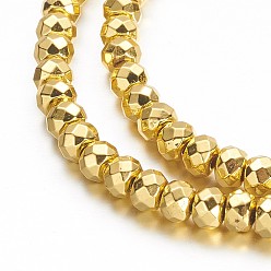 с Золотистым Покрытием Гальванизировать немагнитных синтетический гематит бисер пряди, граненые, рондель, с золотым покрытием, 4x3 мм, отверстие : 1 мм, около 128 шт / нитка, 15.7 дюйм