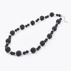 Lava Rock Natural Lava Rock Beaded Necklaces, with Brass Lobster Claw Clasps and Extender Chains, Platinum, 19.6 inch(50cm)