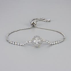 Платина Браслеты-слайдеры из латуни с микропаве и прозрачными кубическими циркониями., Регулируемые браслеты в форме клевера для женщин, платина, 10.63 дюйм (27 см)