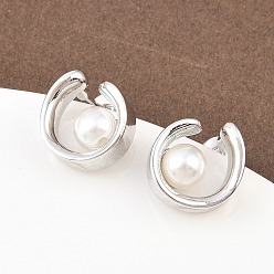 Платина Латунь серьги, с абс пластмассовой имитационной жемчужиной, круглые, платина, 12x11.5 мм