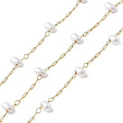 Белый Ручная работа 304 цепочки из нержавеющей стали с бусинами, пайки, с 316 кабельными цепочками из нержавеющей стали, абс пластик жемчужина и катушка, ионное покрытие (ip), рис, белые, бусины : 4.5x3x2.7 мм