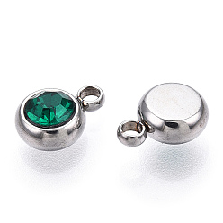 Emerald 201 Stainless Steel Rhinestone Charms, March Birthstone Charms, Flat Round, Stainless Steel Color, Emerald, 8.5x6x3mm, Hole: 1.5mm