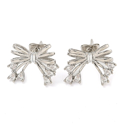 Platinum Bowknot Brass Micro Pave Cubic Zirconia Stud Earrings for Women, Platinum, 15x18mm