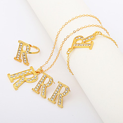 Letter R Ожерелья, серьги-гвоздики, кольца и браслеты из сплава со стразами и буквами короны для женщин, Буква R, 420 мм