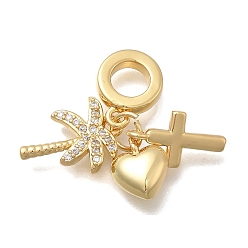Дерево Латунь микропаве прозрачный кубический цирконий европейские подвески с подвесками, подвески в форме креста и сердца с большим отверстием, без кадмия и без свинца, долговечный, стойки покрытие, реальный 18 k позолоченный, дерево, 26 мм, отверстие : 5.5 мм