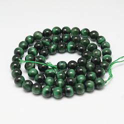 Medium Sea Green Natural Tiger Eye Beads Strands, Round, Dyed & Heated, Medium Sea Green, about 10mm in diameter, hole: 1mm