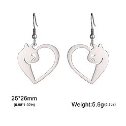 Stainless Steel Color Tarnish Resistant 304 Stainless Steel Dangle Earrings, Heart with Cat Pattern, Stainless Steel Color, Pendant: 25x26mm