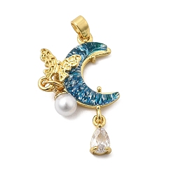 Настоящее золото 18K Латунные подвески с полупрозрачными смоляными элементами, Подвески в виде бабочки и луны с имитацией жемчуга ABS, долговечный, Marine Blue, стойки покрытие, реальный 18 k позолоченный, 28x18.5x7 мм, отверстие : 4.5x2.5 мм