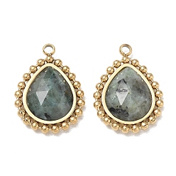 African Turquoise(Jasper) Natural African Turquoise(Jasper) Faceted Pendants, 304 Stainless Steel Teardrop Bezeled Charms, Ion Plating(IP), Real 14K Gold Plated, 17.5x13x4mm, Hole: 1.5mm