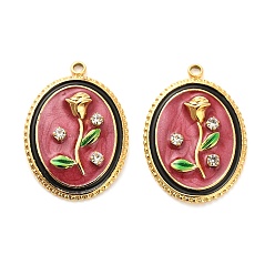 Красный 304 нержавеющей стальной эмали подвески, со стразами, овал с цветочными подвесками, ионное покрытие (ip), реальный 18 k позолоченный, красные, 26x19x4 мм, отверстие : 1.8 мм